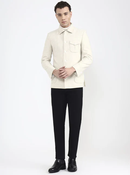 Cream Solid Regular Fit Blazer