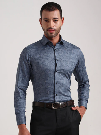 Blue Printed Slim Fit Formal Shirt