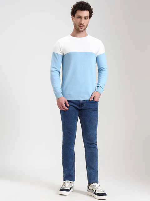 White & Sky Blue Striped Slim Fit T-Shirt