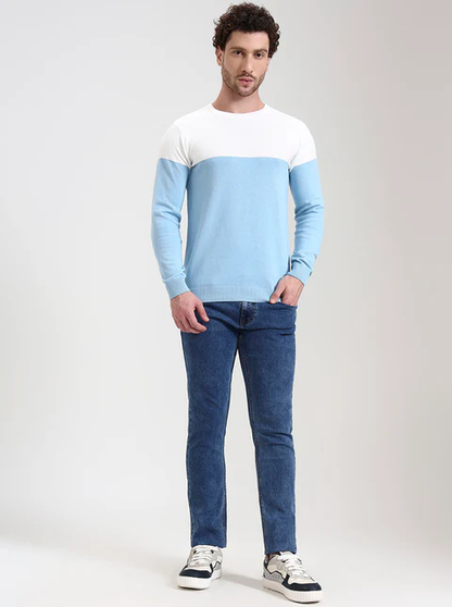 White & Sky Blue Striped Slim Fit T-Shirt