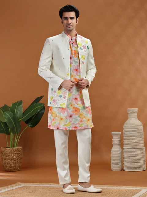 Off White Embroidered Jodhpuri Suit
