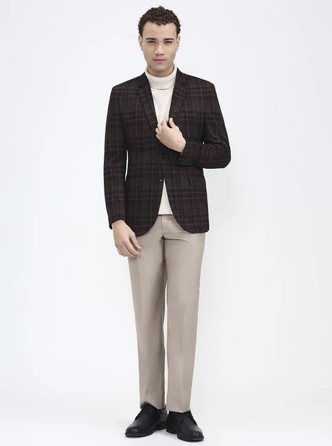 Maroon & Fawn Checked Regular Fit Blazer
