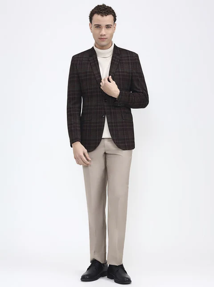 Maroon & Fawn Checked Regular Fit Blazer