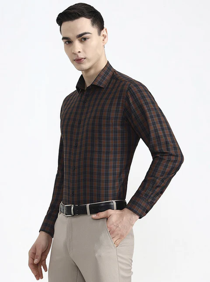 Brown & Blue Checked Slim Fit Formal Shirt