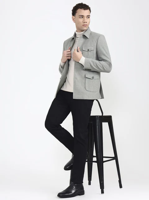 Olive Grey Solid Regular Fit Blazer