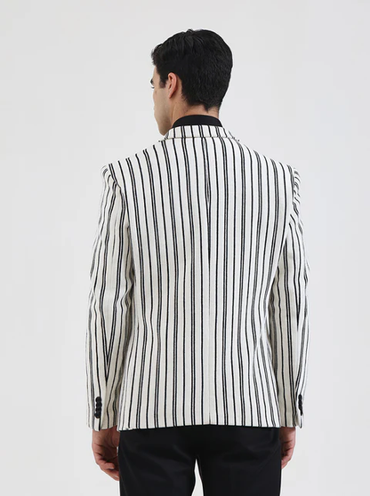 White & Black Striped Regular Fit Blazer