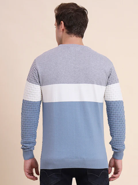 Grey & Blue Striped Slim Fit T-Shirt