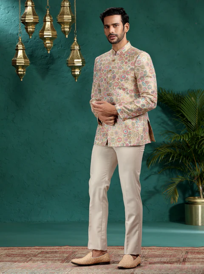 Beige & Multicolor Self Design Jodhpuri Suit