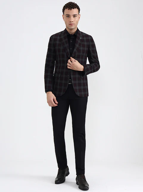 Maroon Checked Regular Fit Blazer