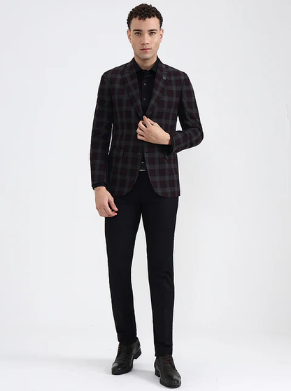 Maroon Checked Regular Fit Blazer