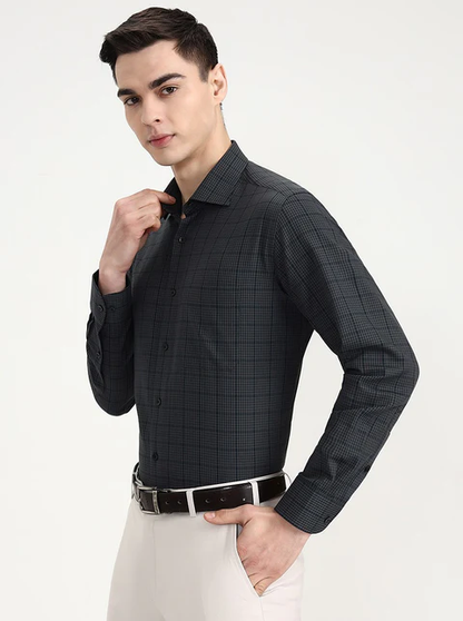 Green & Grey Checked Slim Fit Formal Shirt