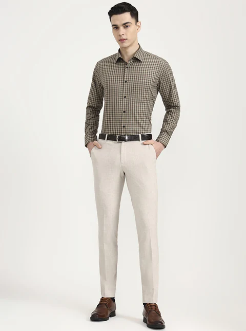 Brown & Cream Checked Regular Fit Formal Shirt