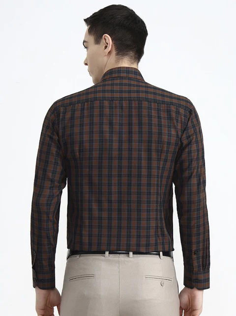 Brown & Blue Checked Slim Fit Formal Shirt