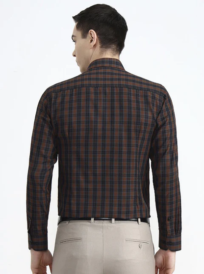 Brown & Blue Checked Slim Fit Formal Shirt