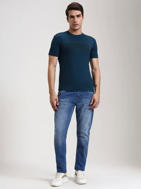 Teal Printed Slim Fit T-Shirt