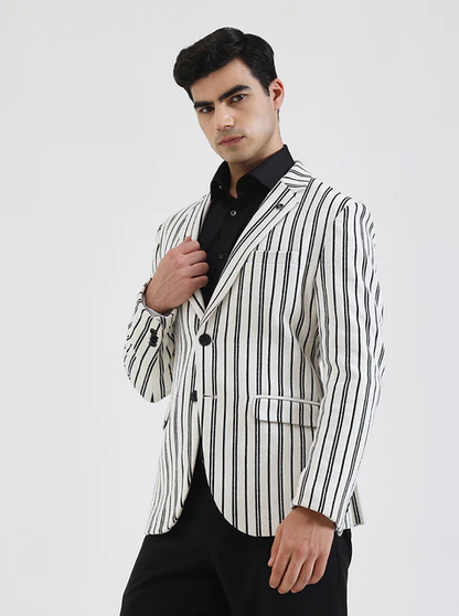 White & Black Striped Regular Fit Blazer