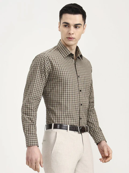 Brown & Cream Checked Regular Fit Formal Shirt