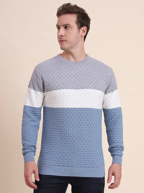 Grey & Blue Striped Slim Fit T-Shirt