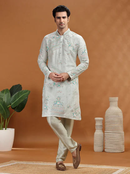 Aqua Grey Embroidered Kurta