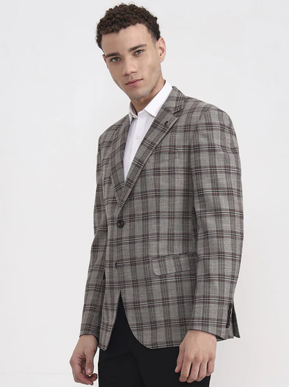 Brown Checked Regular Fit Blazer
