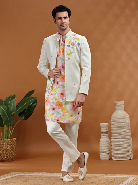 Off White Embroidered Jodhpuri Suit
