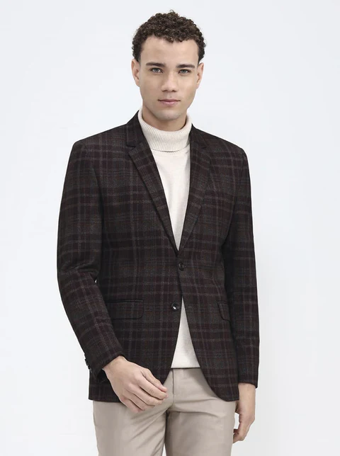 Maroon & Fawn Checked Regular Fit Blazer