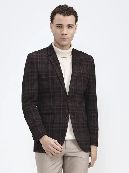 Maroon & Fawn Checked Regular Fit Blazer