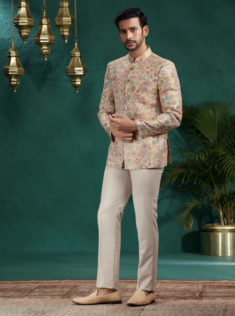 Beige & Multicolor Self Design Jodhpuri Suit