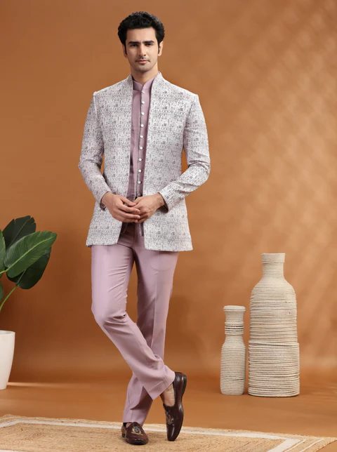 Purple Self Texture Jodhpuri Suit