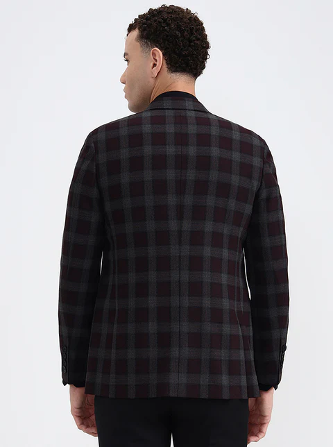 Maroon Checked Regular Fit Blazer