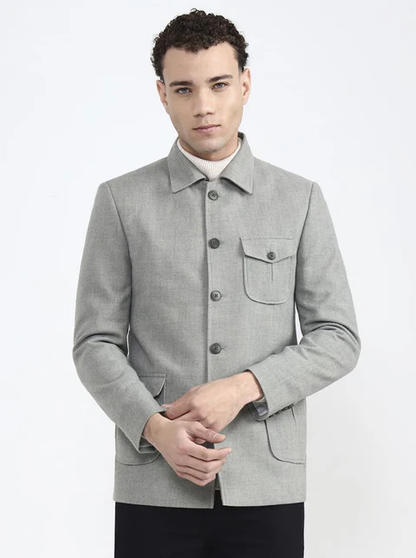 Olive Grey Solid Regular Fit Blazer