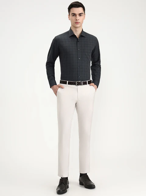Green & Grey Checked Slim Fit Formal Shirt