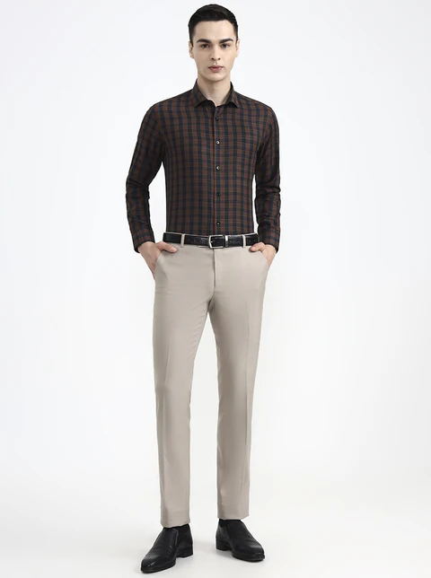 Brown & Blue Checked Slim Fit Formal Shirt
