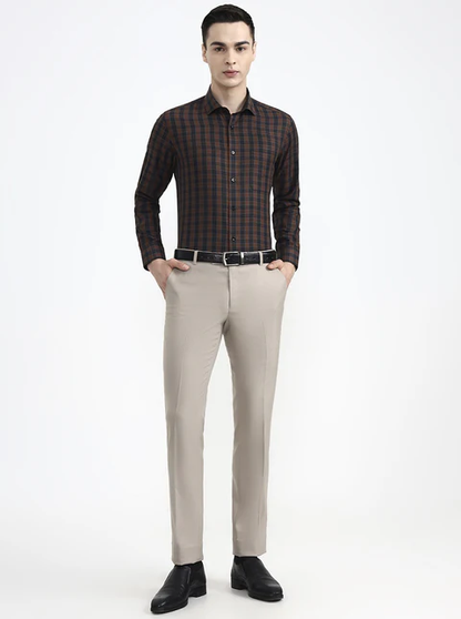 Brown & Blue Checked Slim Fit Formal Shirt