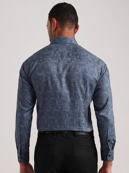 Blue Printed Slim Fit Formal Shirt
