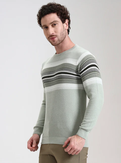 Mint Green Striped Slim Fit T-Shirt