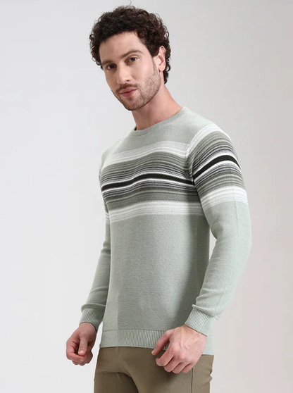 Mint Green Striped Slim Fit T-Shirt