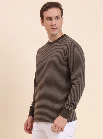 Olive Brown Striped Slim Fit T-Shirt