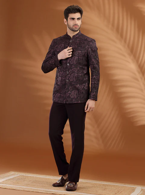 Charcol Black Self Textured Jodhpuri Suit