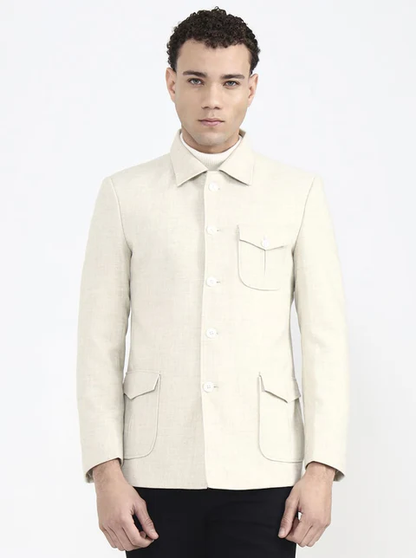 Cream Solid Regular Fit Blazer