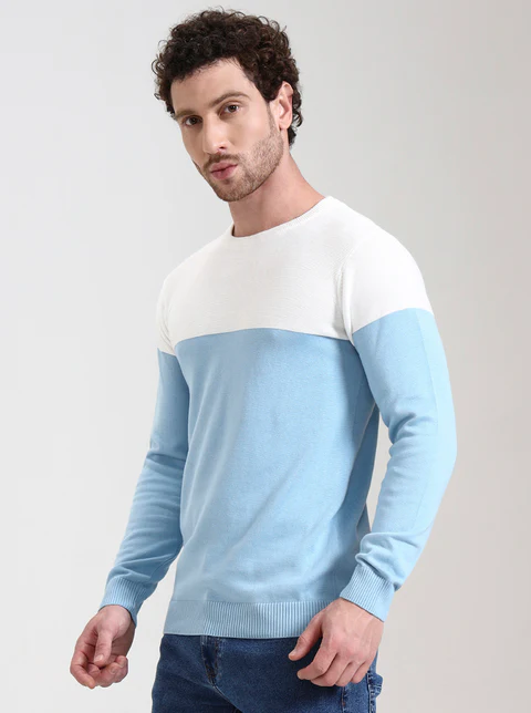 White & Sky Blue Striped Slim Fit T-Shirt
