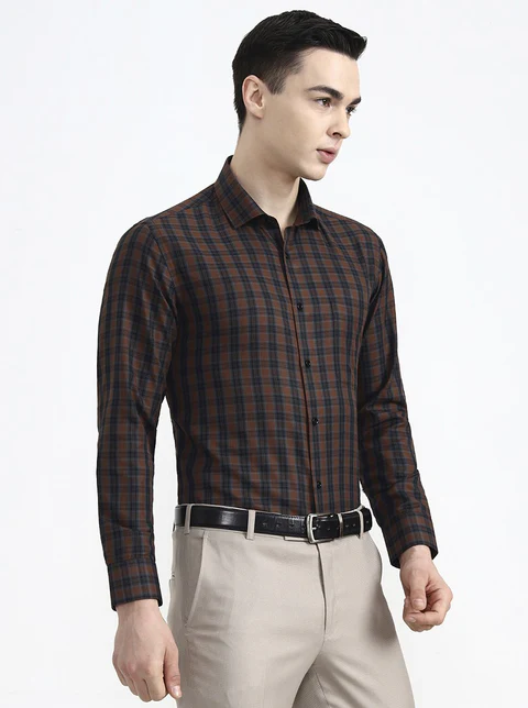 Brown & Blue Checked Slim Fit Formal Shirt