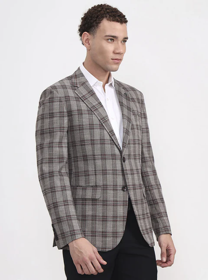 Brown Checked Regular Fit Blazer