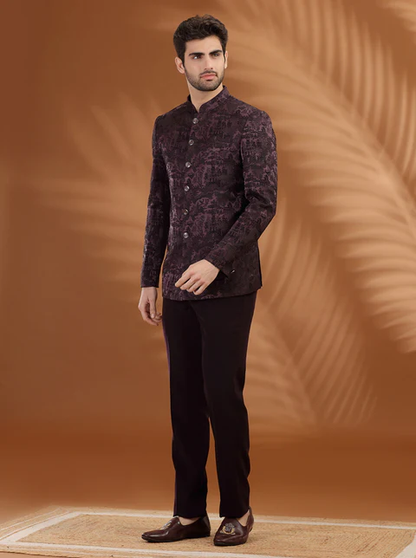 Charcol Black Self Textured Jodhpuri Suit