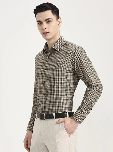 Brown & Cream Checked Regular Fit Formal Shirt