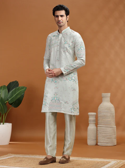Aqua Grey Embroidered Kurta