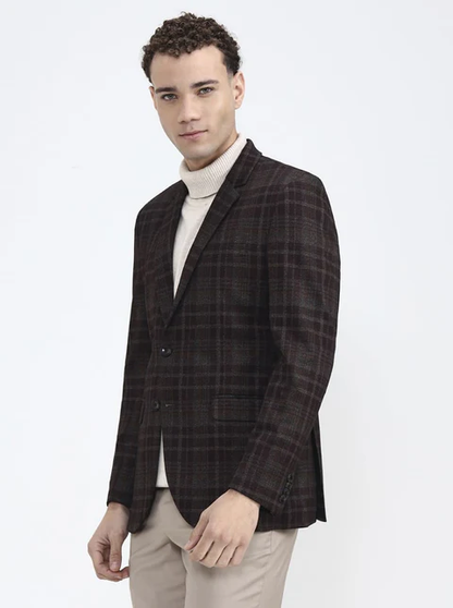 Maroon & Fawn Checked Regular Fit Blazer