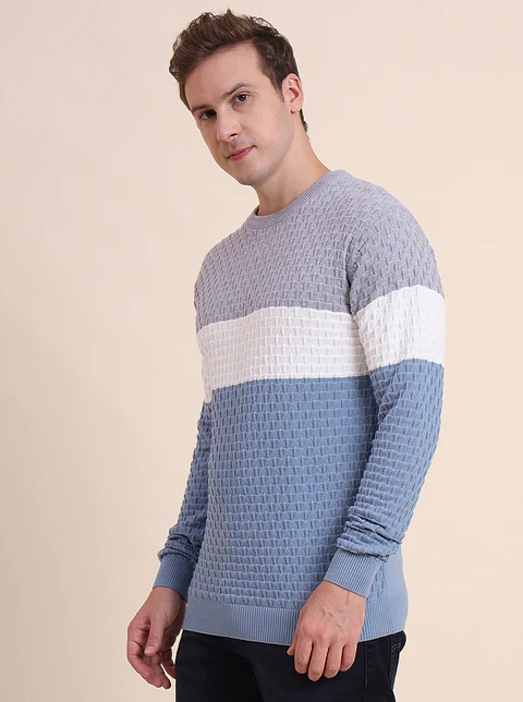 Grey & Blue Striped Slim Fit T-Shirt
