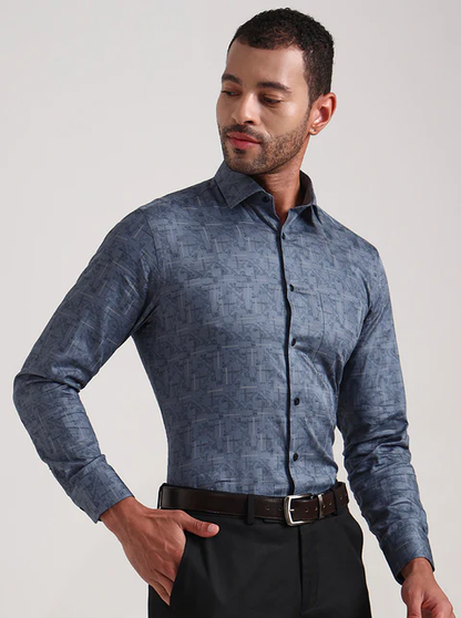 Blue Printed Slim Fit Formal Shirt