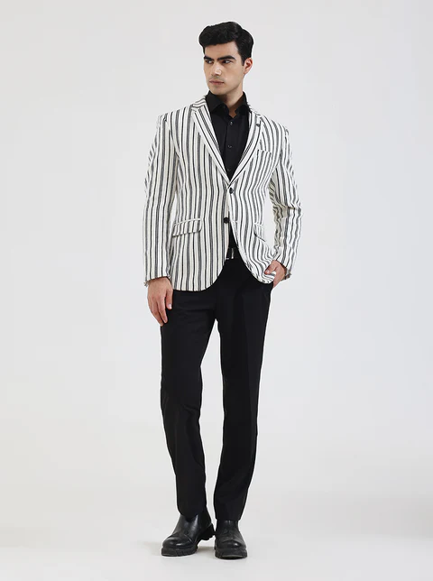 White & Black Striped Regular Fit Blazer